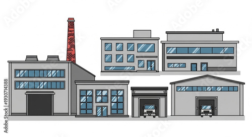 Industrial Building Complex with Chimney.