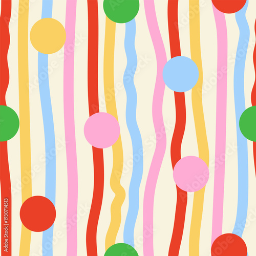Fotografie Colorful funky seamless pattern with hand drawn lines and dots