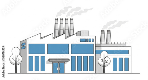Industrial Building with Smokestacks and Trees.
