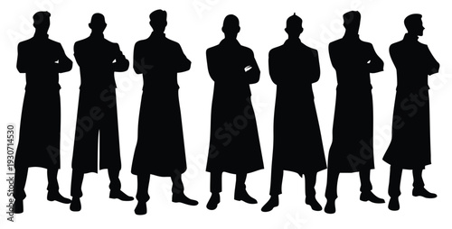 set of male silhouette figures in long coats or robes