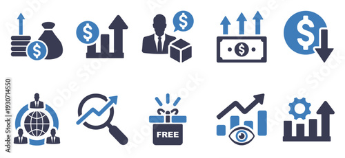set of increase sale icons as increase revenue reduce