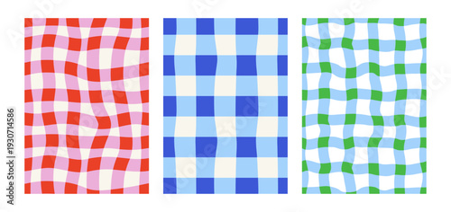 Set of vertical backgrounds with hand drawn wavy checkered plaid. Vector flat vichy patterns in naive style. Designs for scrapbooking, greeting cards, wrapping papers