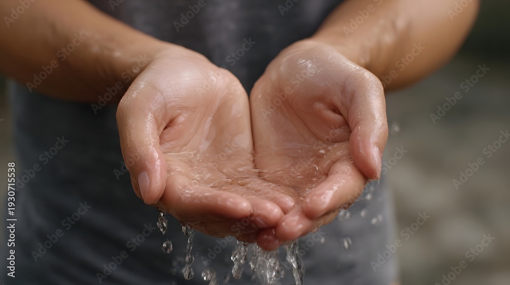 Fototapeta premium Close up of hands cupped together catching clear water as it flows and splashes highlighting the purity and refreshment of liquid