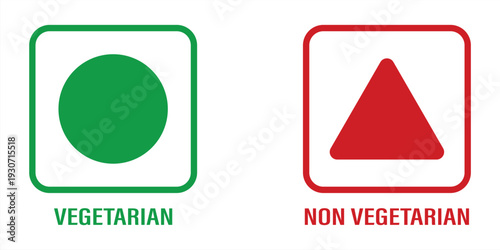 Vegetarian and non vegetarian labels. Vegan food stickers. Green circle and red triangle shapes in squares isolated on white background. Vector flat illustration