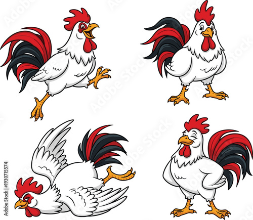 Expressive cartoon roosters in multiple poses with colorful feathers, dynamic personalities, humorous emotions perfect for children’s books, animation, farm, and creative design projects
