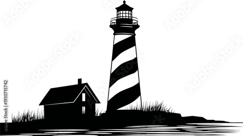 Black and white silhouette of a lighthouse with a house, grass, and water