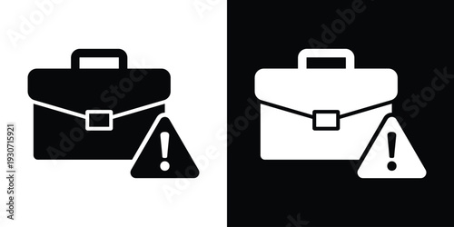 Professional briefcase icon with a warning triangle and exclamation mark. Business risk, portfolio error, and financial alert concept. Minimalist black and white vector symbol.