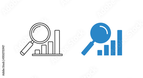 Data analysis with magnifying glass icons outline and filled silhouette