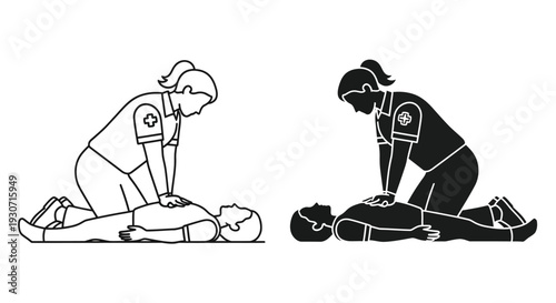 Performing cpr assistance with medical personnel a black silhouette