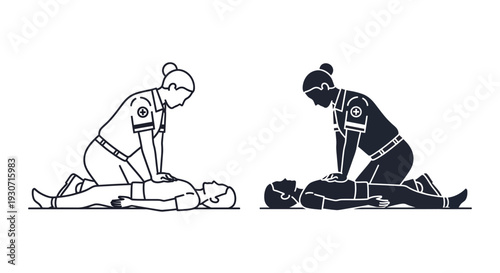 Nurse providing first aid to a patient outlined graphic silhouette