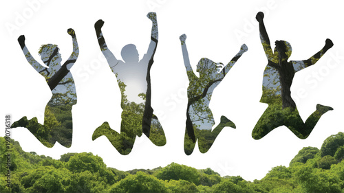 A digital artwork showing four silhouettes of jumping and celebrating people against a white background, filled with vibrant green foliage and trees (1)_traced