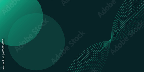 Dark green background with abstract green circles and wave lines. The background is smooth and modern, featuring green hues. Dark gradient background with copy space.
