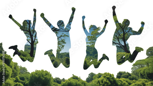 A digital artwork showing four silhouettes of jumping and celebrating people against a white background, filled with vibrant green foliage and trees (2)_traced