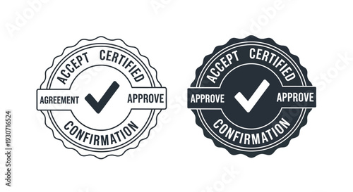Two circular certified approval badges with checkmarks a graphic silhouette