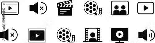 Black outline multimedia icon set with video player, movie clapperboard, film reel, audio speaker volume, and cinema production elements for web.
