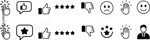 Customer feedback icon set including star ratings, thumbs up and down, sad face emoji, user profiles, and hand clicking symbols.