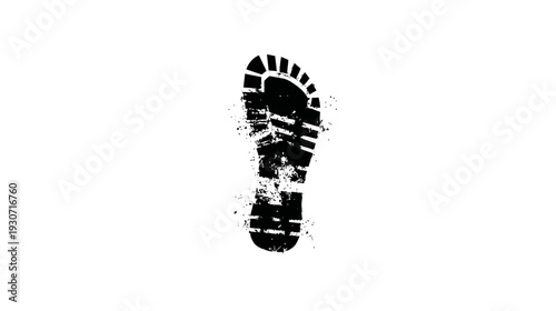 A singular black shoe print, textured with varying opacity, centered on a white background