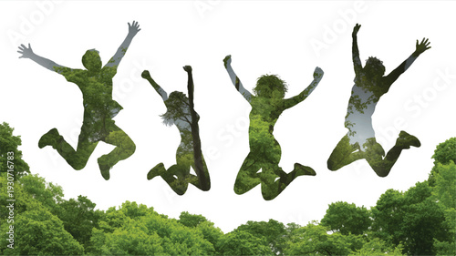 A digital artwork showing four silhouettes of jumping and celebrating people against a white background, filled with vibrant green foliage and trees (4)_traced