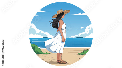 A digital illustration of a beach scene with a woman in a flowing white sundress and wide-brimmed straw hat standing on a sandy beach (1)_traced