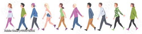 people characters going and walking with different gait side
