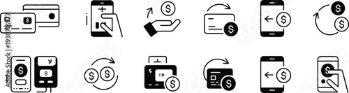 Financial icon set featuring credit cards, dollar coins, money exchange symbols, mobile banking apps, and electronic payment systems for business.
