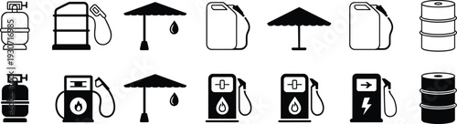 Energy icon set featuring gas station pumps, electric vehicle charging, fuel tanks, propane cylinders, and oil barrels for industrial power concepts.