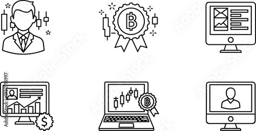Cryptocurrency and finance icons: Bitcoin, trading, analytics, and businessman