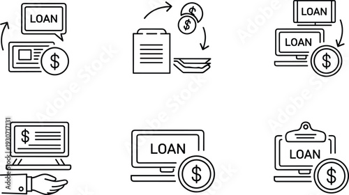 Loan and finance icons: online application, money transfer, approval, and repayment