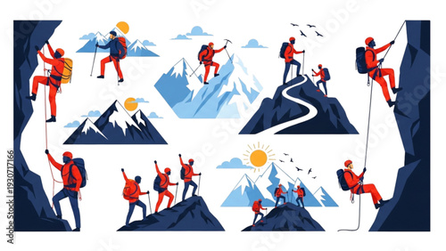 Climbers Ascending Rocky Mountainside with Cliffs and Snowcapped Peaks Illustration