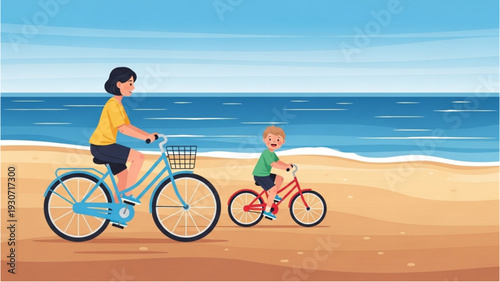 Woman and child cycling together on a sandy beach with ocean waves in the background on a clear day