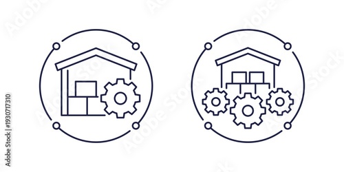 warehouse, optimizing distribution icons on white, line design