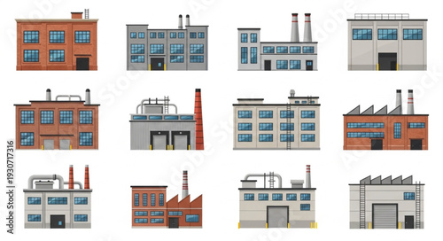 Industrial Buildings and Factories Illustration Set.