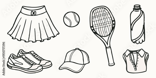 Line art illustration of tennis equipment and athletic wear items