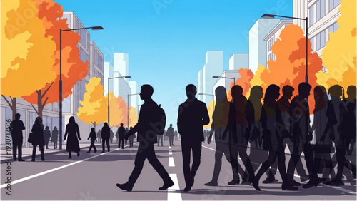 People walking on a busy city street with autumn foliage and tall buildings