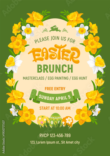 Easter Brunch template for invitation card. With white and yellow daffodil flowers on green background, event program, date and time. Cute elegant design for Easter celebration. Vector illustration