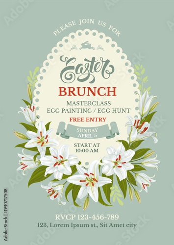 Easter Brunch template for invitation card. With white lily flowers, event program, venue details, date and time. Cute elegant design for Easter celebration. Vector illustration