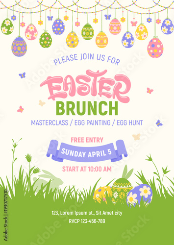 Easter Brunch template for invitation card. With colorful painted eggs garland, event program, venue details, date and time. Cute design for Easter celebration. Vector illustration