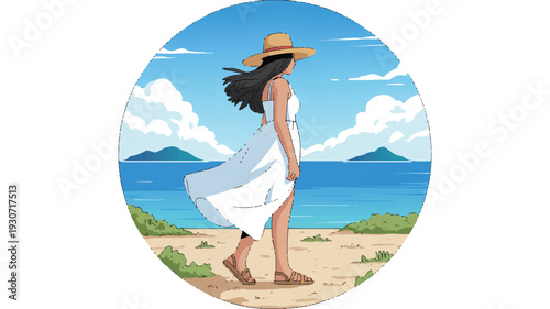 A digital illustration of a beach scene with a woman in a flowing white sundress and wide-brimmed straw hat standing on a sandy beach (4)_traced
