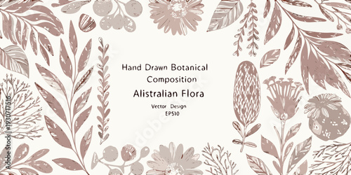 Delicate hand drawn botanical illustration featuring australian flora and foliage