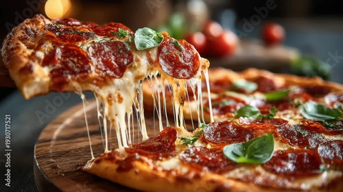 Savory pepperoni pizza topped with melted cheese and fresh basil is served on a rustic wooden board. The cozy atmosphere enhances the appeal of this classic dish.