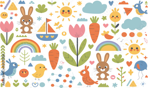 Cute Spring Icons Vector Set with Bunny, Birds, Flowers, Rainbow and Sun in Colorful Flat Illustration Style
