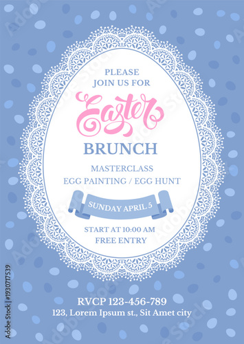Easter Brunch template for invitation card. Egg with lace edge, blue background, event program, venue details, date and time. Cute and elegant design for Easter celebration. Vector illustration