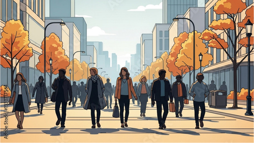 People walking on a vibrant city street during autumn with tall buildings and orange trees