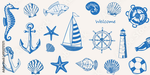 Nautical themed illustrations of sea life and maritime objects