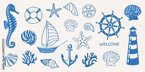 Nautical illustrations depicting seashells seahorses and various ocean elements