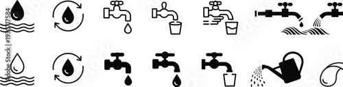 Water conservation icon set featuring faucets, liquid drops, recycling arrows, shower heads, watering cans, and plumbing symbols for environmental sustainability concepts.