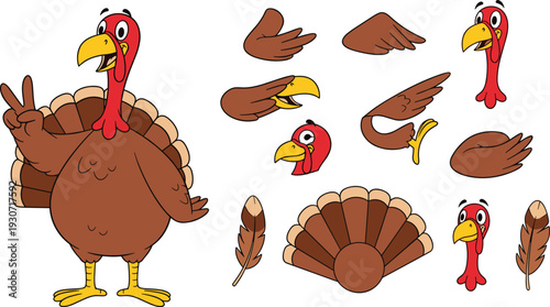 Cartoon turkey character with interchangeable parts, wings, heads, beaks, tails, and feet for creative Thanksgiving, crafting, animation, and educational design projects