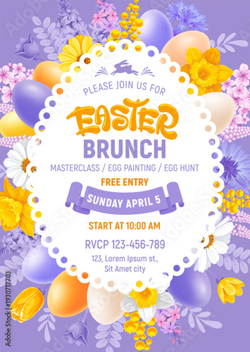 Easter Brunch template for invitation card. With spring flowers on purple background, painting eggs, event program, date and time. Cute and bright design for Easter celebration. Vector illustration