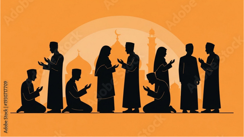 Group of people praying together in a serene environment with a mosque silhouette