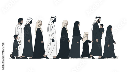 A group of people in traditional Arabic clothing walking together in a procession from a side viewpoint